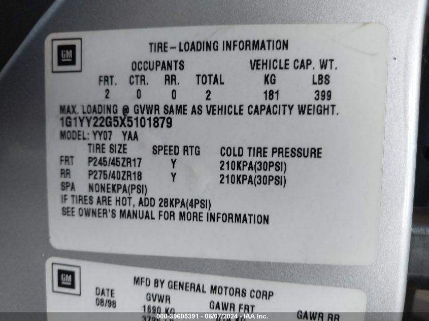 1999 Chevrolet Corvette VIN: 1G1YY22G5X5101879 Lot: 39605391