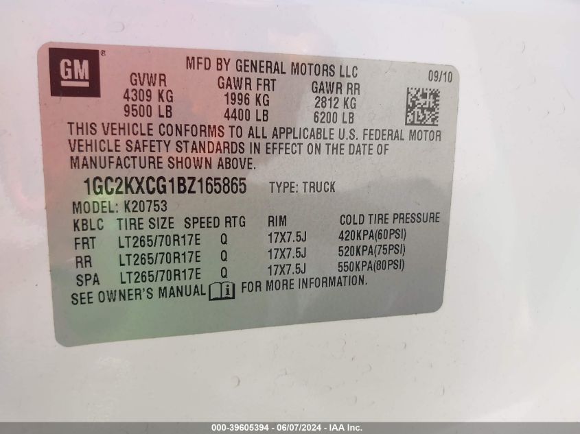 2011 Chevrolet Silverado 2500Hd Lt VIN: 1GC2KXCG1BZ165865 Lot: 39605394