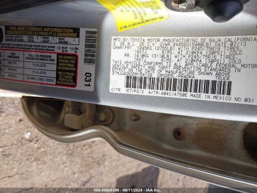 2013 Toyota Tacoma Prerunner V6 VIN: 3TMJU4GN3DM154139 Lot: 39605396