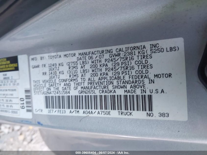 2007 Toyota Tacoma Prerunner V6 VIN: 5TETU62N47Z451584 Lot: 39605404