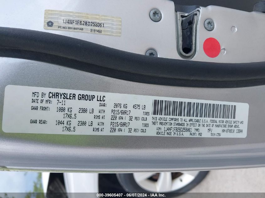 2011 Jeep Compass VIN: 1J4NF1FB2BD258061 Lot: 39605407
