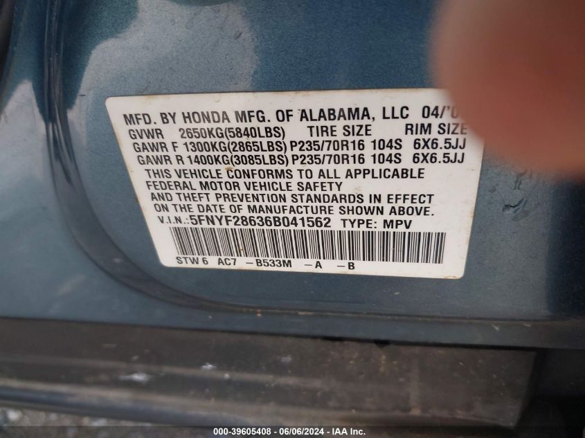 2006 Honda Pilot Ex-L VIN: 5FNYF28636B041562 Lot: 39605408