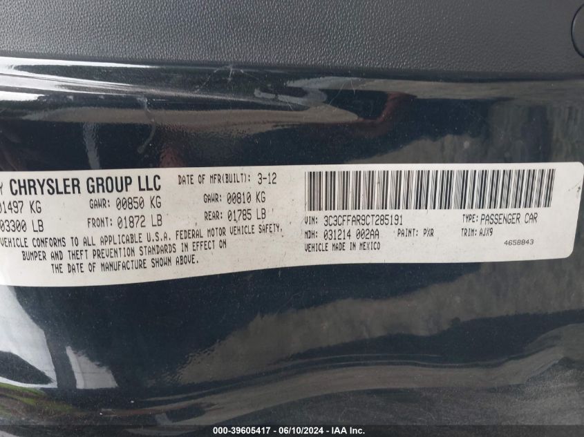 2012 Fiat 500 Pop VIN: 3C3CFFAR9CT285191 Lot: 39605417