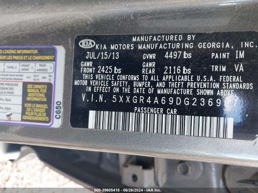 2013 Kia Optima Sx VIN: 5XXGR4A69DG236987 Lot: 39605418