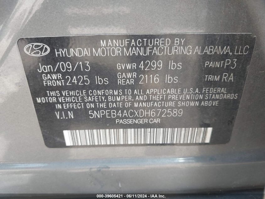 2013 Hyundai Sonata Gls VIN: 5NPEB4ACXDH672589 Lot: 39605421