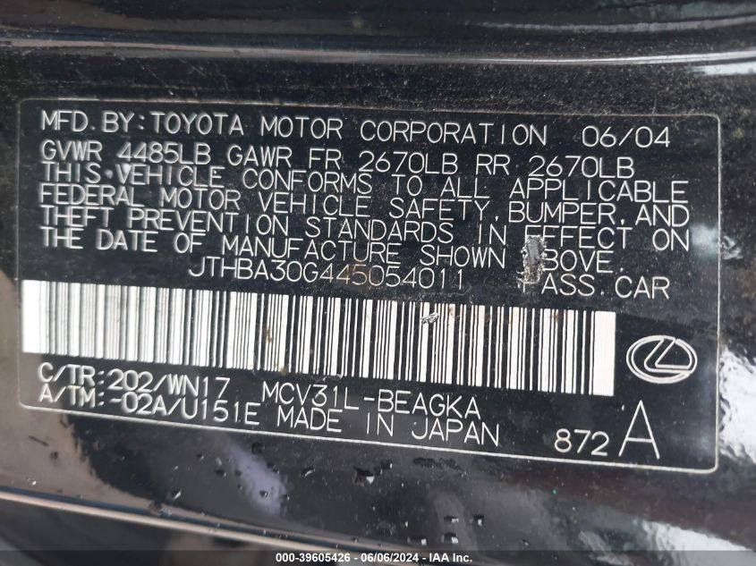 2004 Lexus Es 330 VIN: JTHBA30G445054011 Lot: 39605426