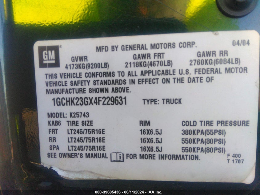 2004 Chevrolet Silverado K2500 Heavy Duty VIN: 1GCHK23GX4F229631 Lot: 39605436