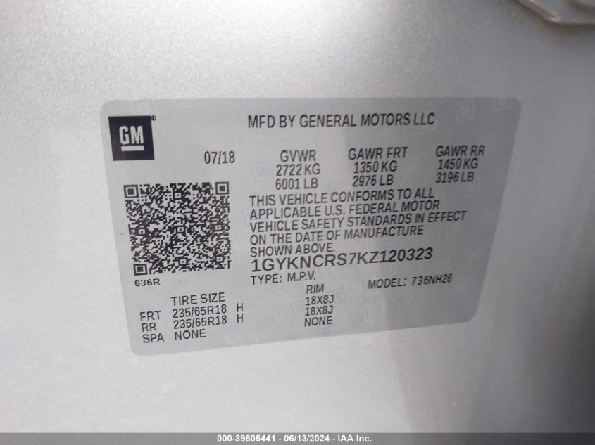 2019 Cadillac Xt5 Luxury VIN: 1GYKNCRS7KZ120323 Lot: 39605441