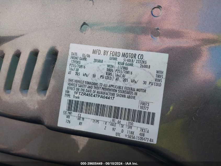 2007 Ford Ranger Fx4 Level Ii/Fx4 Off-Road/Sport/Xlt VIN: 1FTZR45E47PA04417 Lot: 39605449