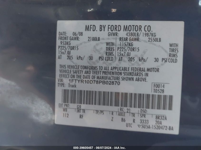 2008 Ford Ranger Xl/Xlt VIN: 1FTYR10D78PB02870 Lot: 39605457