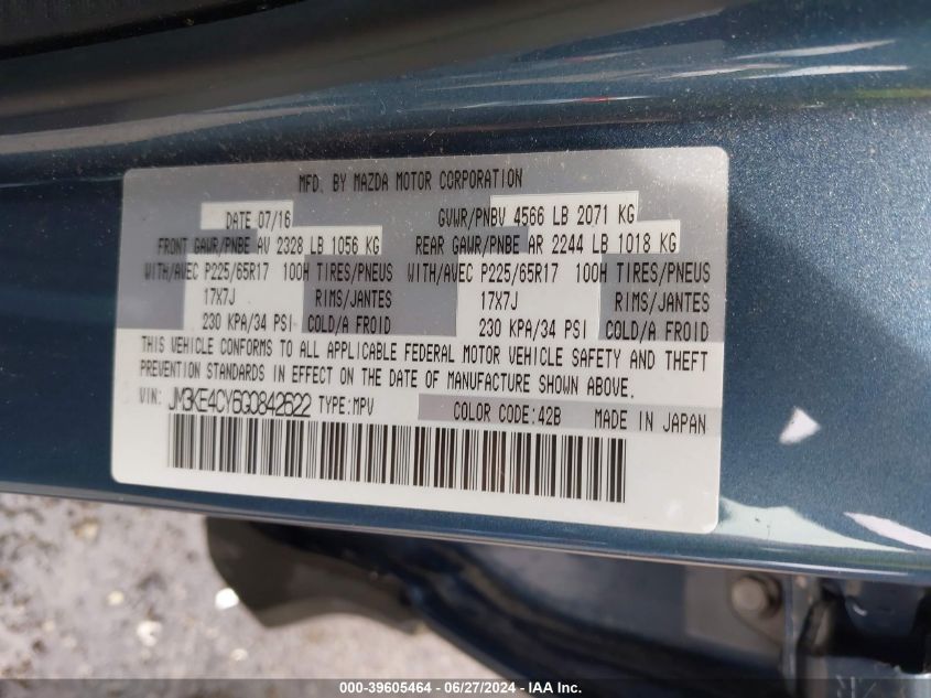 2016 Mazda Cx-5 Touring VIN: JM3KE4CY6G0842622 Lot: 39605464