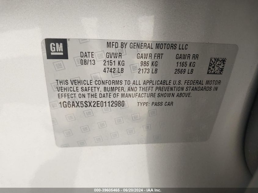 2014 Cadillac Cts Luxury VIN: 1G6AX5SX2E0112980 Lot: 39605465