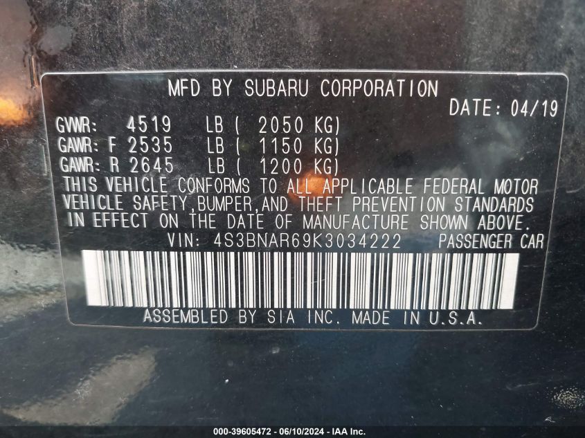 2019 Subaru Legacy 2.5I Sport VIN: 4S3BNAR69K3034222 Lot: 39605472