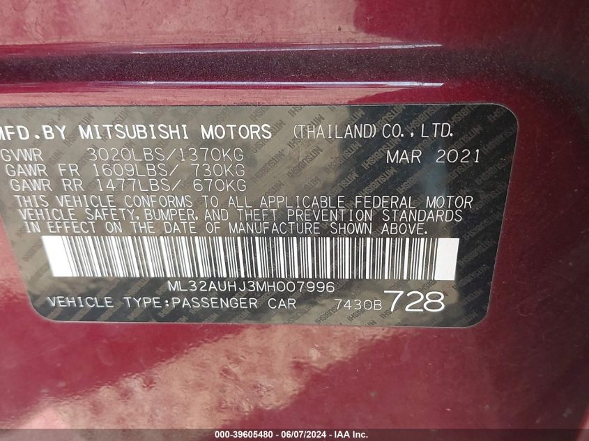 2021 Mitsubishi Mirage Carbonite Edition/Es/Le VIN: ML32AUHJ3MH007996 Lot: 39605480