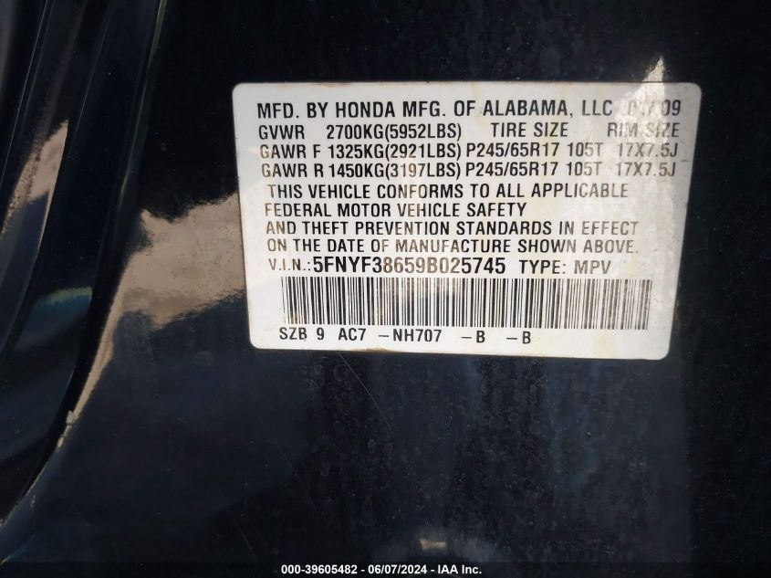 2009 Honda Pilot Ex-L VIN: 5FNYF38659B025745 Lot: 39605482