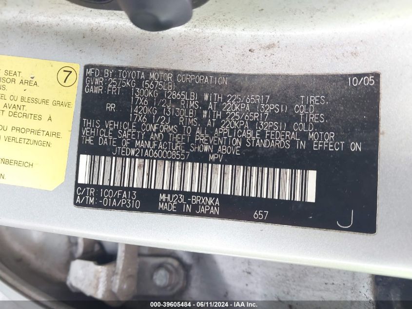 2006 Toyota Highlander Hybrid V6 VIN: JTEDW21A060008557 Lot: 39605484