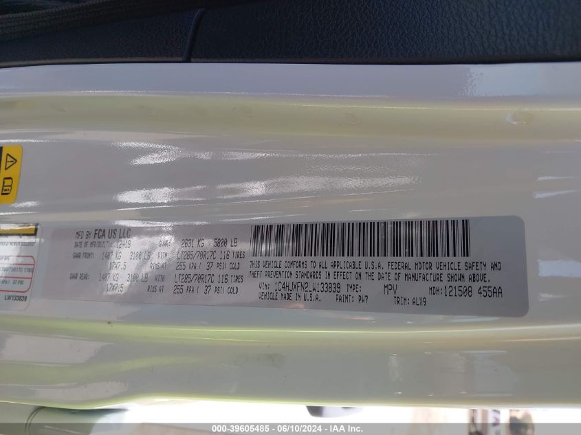 2020 Jeep Wrangler Unlimited Rubicon 4X4 VIN: 1C4HJXFN2LW133839 Lot: 39605485