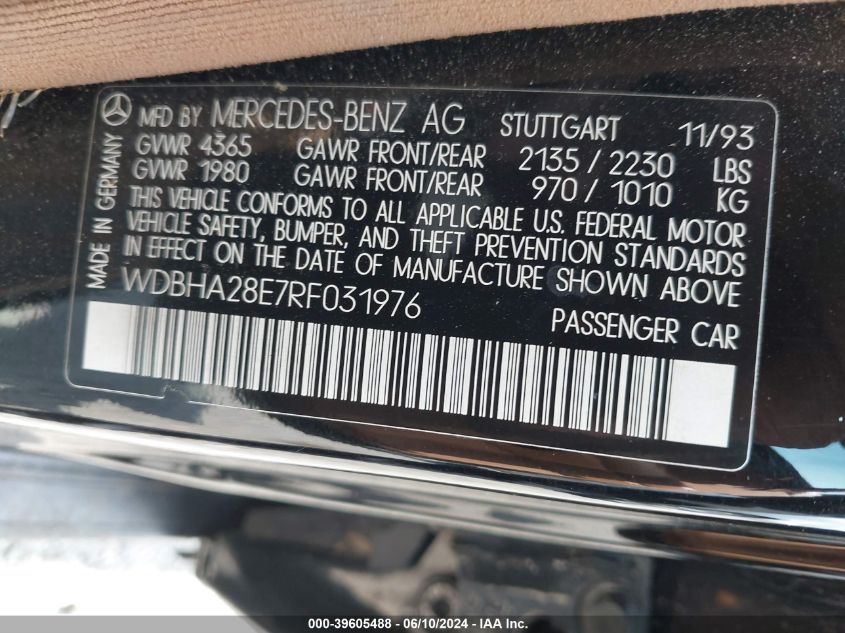 1994 Mercedes-Benz C 280 VIN: WDBHA28E7RF031976 Lot: 39605488