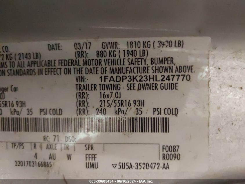 2017 Ford Focus Se VIN: 1FADP3K23HL247770 Lot: 39605494