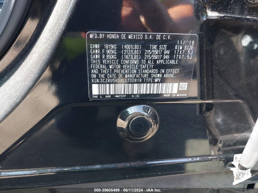 2020 Honda Hr-V 2Wd Lx VIN: 3CZRU5H3XLG700819 Lot: 39605499