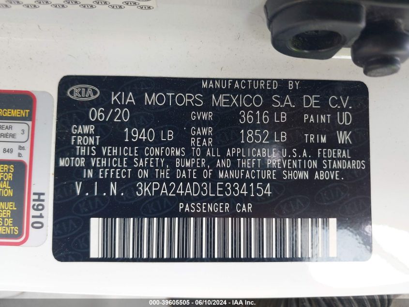 2020 Kia Rio S VIN: 3KPA24AD3LE334154 Lot: 39605505