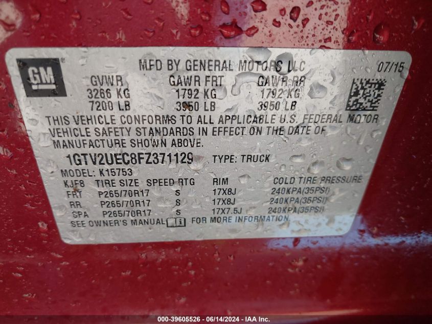 2015 GMC Sierra 1500 Sle VIN: 1GTV2UEC8FZ371129 Lot: 39605526