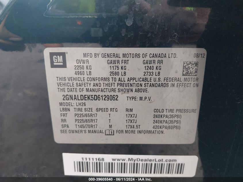 2013 Chevrolet Equinox 1Lt VIN: 2GNALDEK5D6129062 Lot: 39605540