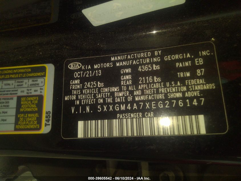 2014 Kia Optima Lx VIN: 5XXGM4A7XEG276147 Lot: 39605542