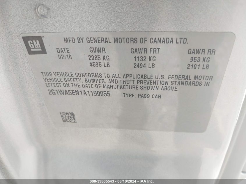 2010 Chevrolet Impala Ls VIN: 2G1WA5EN1A1199955 Lot: 39605543