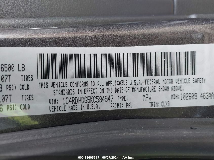 2019 Dodge Durango Gt Plus Rwd VIN: 1C4RDHDG5KC584947 Lot: 39605547