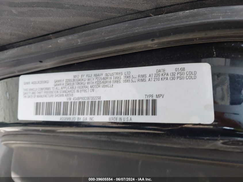 2008 Subaru Outback VIN: 4S4BP60C087352298 Lot: 39605554