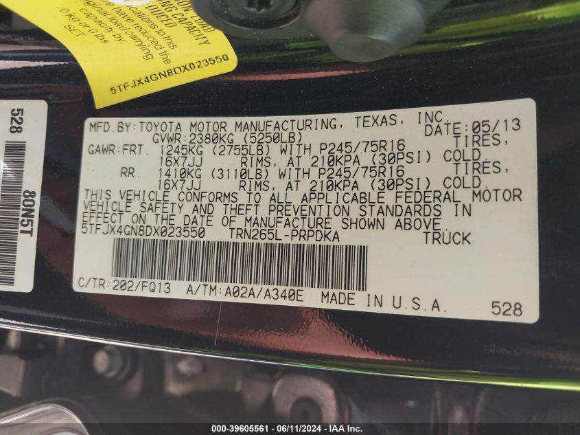 2013 Toyota Tacoma Prerunner VIN: 5TFJX4GN8DX023550 Lot: 39605561