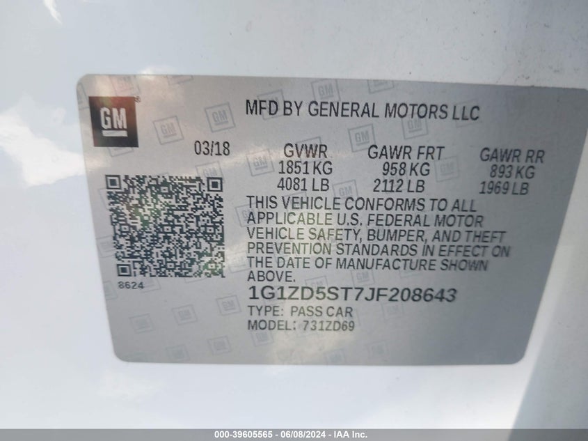 2018 Chevrolet Malibu Lt VIN: 1G1ZD5ST7JF208643 Lot: 39605565
