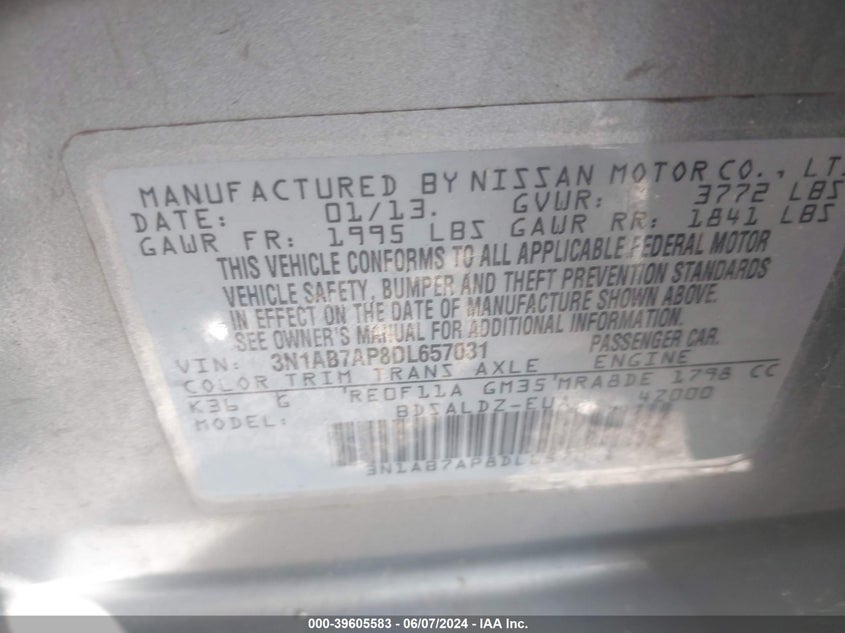 2013 Nissan Sentra Sv VIN: 3N1AB7AP8DL657031 Lot: 39605583