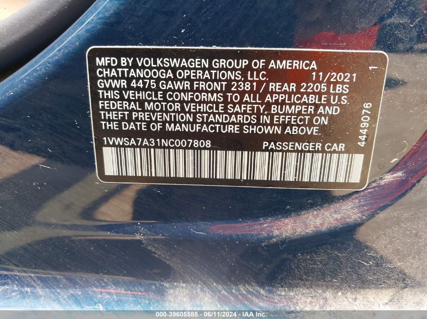 2022 Volkswagen Passat 2.0T Se VIN: 1VWSA7A31NC007808 Lot: 39605585