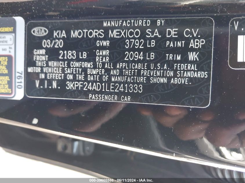 2020 Kia Forte Lxs VIN: 3KPF24AD1LE241333 Lot: 39605588