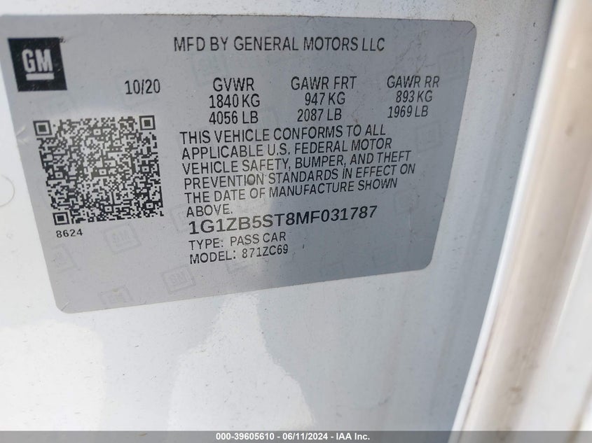 2021 Chevrolet Malibu Fwd Ls VIN: 1G1ZB5ST8MF031787 Lot: 39605610