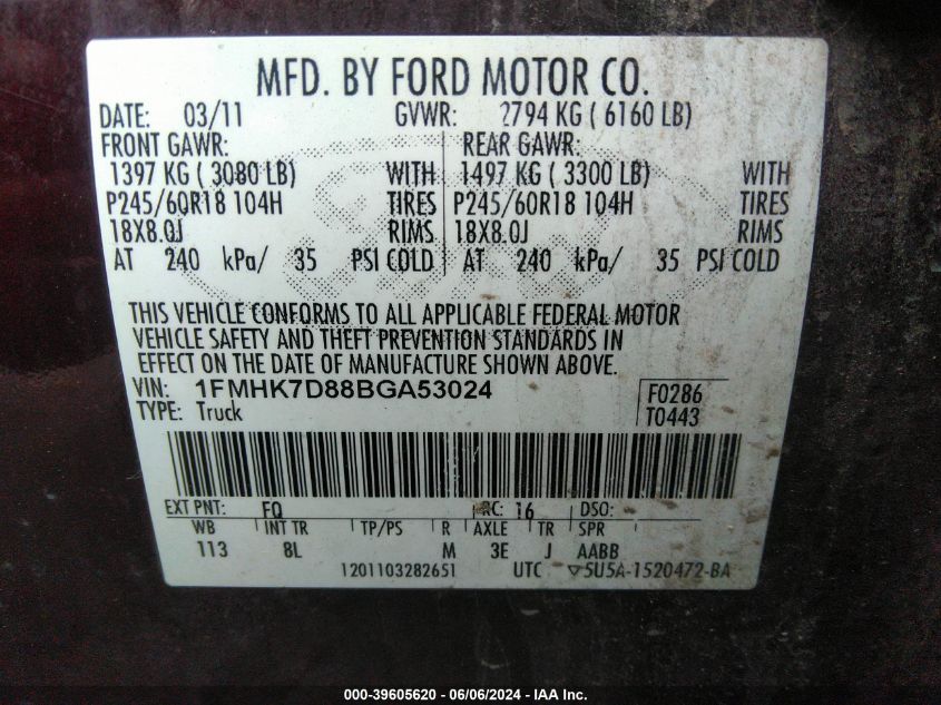 2011 Ford Explorer Xlt VIN: 1FMHK7D88BGA53024 Lot: 39605620