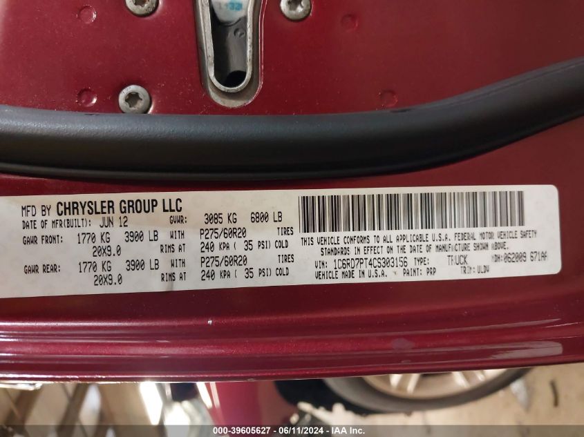 2012 Ram 1500 Laramie Longhorn/Limited Edition VIN: 1C6RD7PT4CS303156 Lot: 39605627