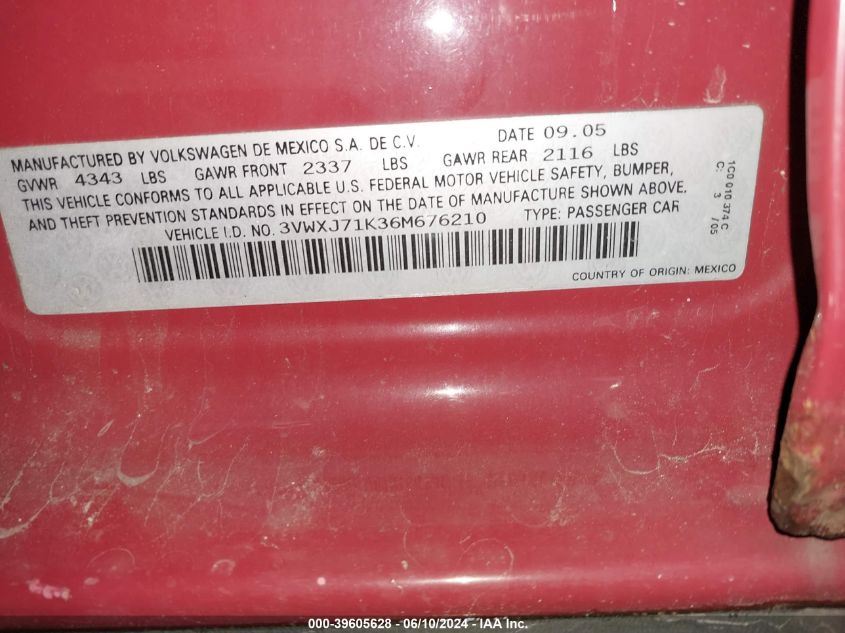 2006 Volkswagen Jetta Gli VIN: 3VWXJ71K36M676210 Lot: 39605628