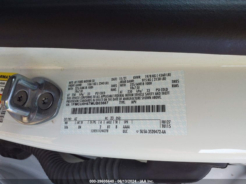 2021 Ford Escape Sel VIN: 1FMCU0H67MUB03887 Lot: 39605640