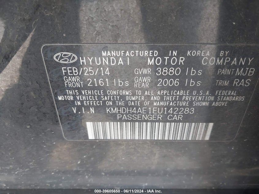 2014 Hyundai Elantra Se VIN: KMHDH4AE1EU142283 Lot: 39605650