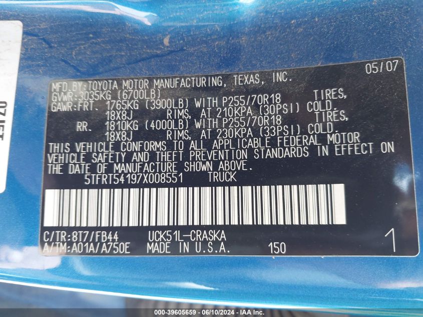 2007 Toyota Tundra Sr5 4.7L V8 VIN: 5TFRT54197X008551 Lot: 39605659