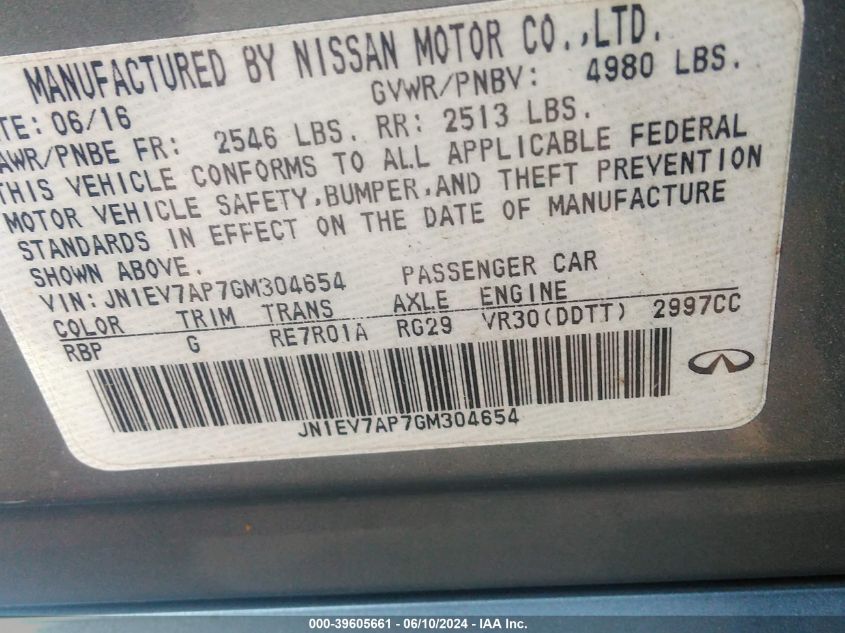 2016 Infiniti Q50 3.0T Premium VIN: JN1EV7AP7GM304654 Lot: 39605661