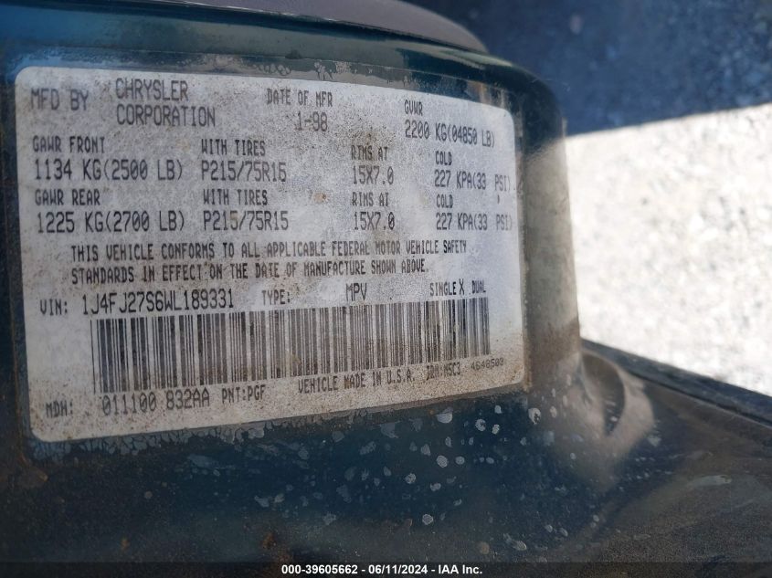 1998 Jeep Cherokee Se VIN: 1J4FJ27S6WL189331 Lot: 39605662