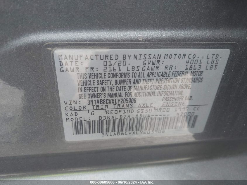 2020 Nissan Sentra Sv Xtronic Cvt VIN: 3N1AB8CVXLY205908 Lot: 39605666