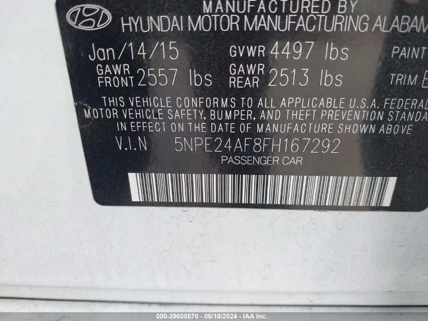 2015 Hyundai Sonata Se VIN: 5NPE24AF8FH167292 Lot: 39605670