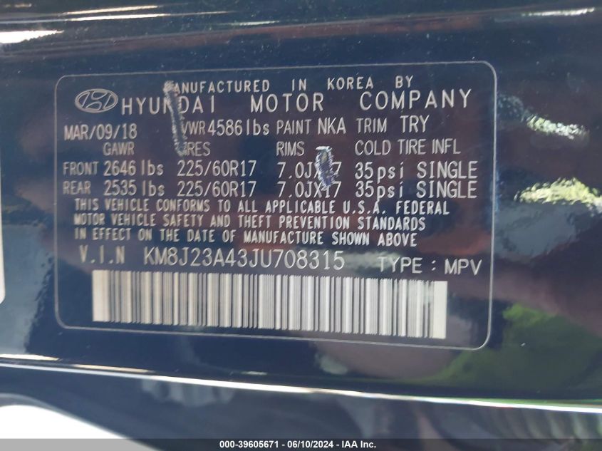 2018 Hyundai Tucson Se VIN: KM8J23A43JU708315 Lot: 39605671