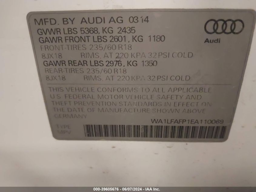 2014 Audi Q5 2.0T Premium VIN: WA1LFAFP1EA110069 Lot: 39605676