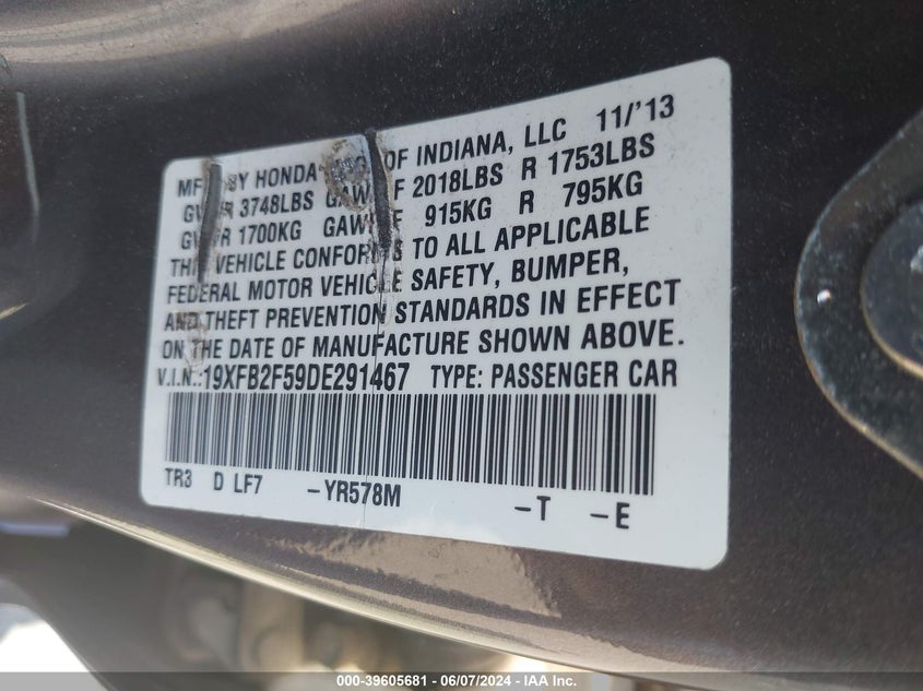 2013 Honda Civic Lx VIN: 19XFB2F59DE291467 Lot: 39605681